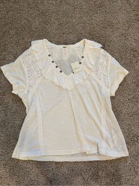 Free People Cream Ruffle Trim Lace Inset Short Sleeve Top